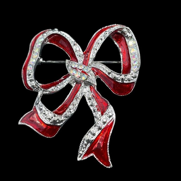 Red Bow Brooch Made With Swarovski Crystals Holiday Gift Sparkly Enamel Pin - Picture 4 of 7